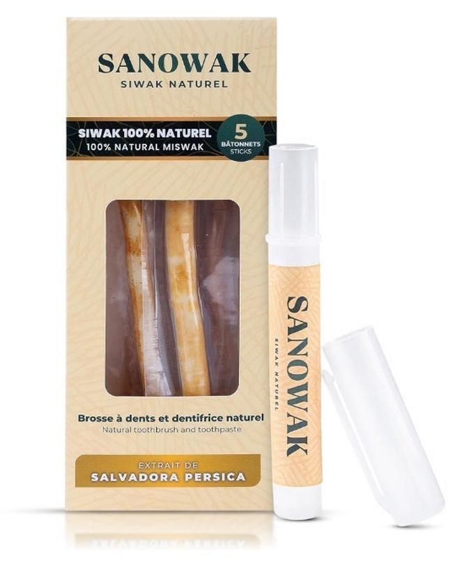 Sanowak Miswak Stick / 100% Natural Siwak Sticks – 5 Organic Wooden Toothbrushes with Plastic Holder | Teeth Whitening & Oral Care | 100% Chewable & Antibacterial | Eco-Friendly & Vacuum Sealed | Meswak | Sewak - Image 1